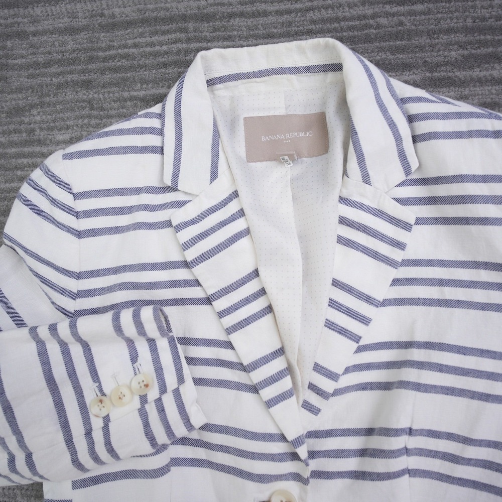 Banana Republic Striped Linen Cotton Blazer Blue White Nautical Jacket Womens 4P - Picture 2 of 11